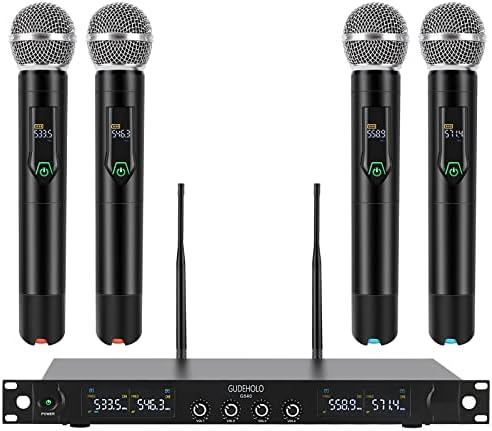 4-Channel Wireless Microphone System, Quad UHF Metal Cordless Mic, 4x25 Channels, Professional Cordless Mic System for Church, DJ, Karaoke,Wedding, Home KTV Set
