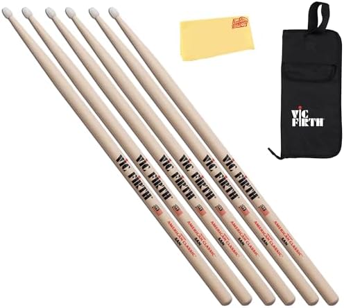 Vic Firth American Classic 5AN Nylon Tip Drumsticks - 3 Pack Bundle with Stick Bag and Austin Bazaar Polishing Cloth