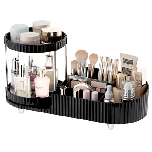 Makeup Organizer Countertop for Vanity with 360 Rotating Perfume Trays, 7-Compartment Skincare Organizers and Make Up Desk Storage, Cosmetic Organizer with Brush Holder for Bedroom Bathroom Counter