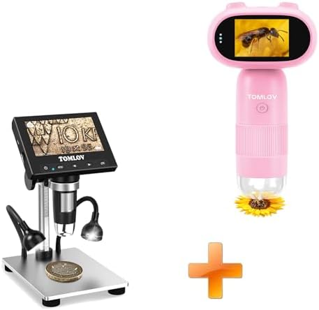 TOMLOV P30 Microscope for Kids, Handheld 1000X 2 LCD Digital Microscope for Slides，HD Camera & Video, Pocket Magnifying Glass with Light+DM4S