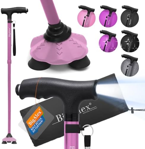 BigAlex Folding Walking Cane with LED Light, Lightweight Adjustable Canes for Women & Men, Free Standing Canes, Pivot Tip, Adjustable Travel Walking Aids with Carry Bag for Seniors Balance & Stability