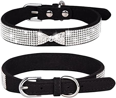 Rhinestone Dog Collar, Cute Dazzling Sparkling Soft Suede Leather Adjustable Pet Dog Cat Collar Crystal Diamond for Puppy Small Medium Large Dogs (L:38-46cm, Black-3)