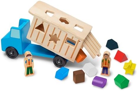 Melissa & Doug Shape-Sorting Wooden Dump Truck Toy, Quality Craftsmanship, 9 Colorful Shapes and 2 Play Figures, 7.5' H X 10.75' W X 4.75' L