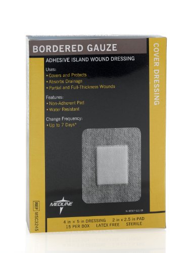 Medline Sterile Bordered Gauze Adhesive Island Wound Dressing, 4" x 5" with 2" x 2.5" Pad - Count of 15