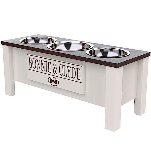 Personalized Elevated Triple Dog Bowl Stand for Large, Medium, Small, X-Small Dogs - 3 Stainless Steel Food and Water Bowls - Raised Dog Dish with Internal Storage (Large, Brown)