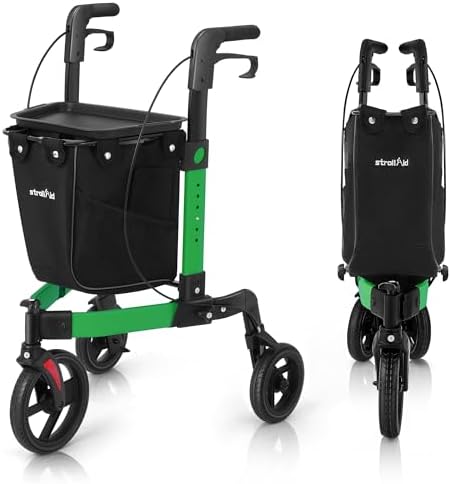 3 Wheel Rollator Walker, Walkers for Seniors, Rollator Walker Lightweight Foldable, with Tray and Large Storage Bag, 10 Inch Front Wheel for All Terrain, Green