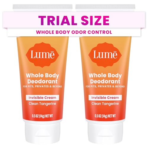 Lume Whole Body Deodorant - Mini Travel Size Invisible Cream Tube - Trial Size - 72 Hour Odor Control - Doctor Developed - Aluminum Free, Baking Soda Free - .5oz (Pack of 2) (Clean Tangerine)