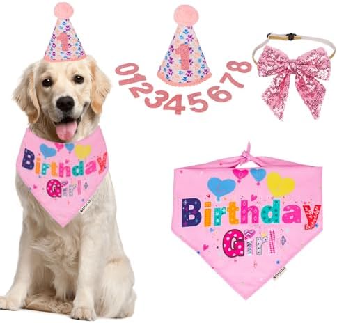 ADOGGYGO Dog Birthday Party Supplies, Boy Girl Dog Birthday Hat with Numbers Dog Pet Birthday Bandana Hat Bow Set for Large and Extra Large Dogs (X-Large, Pink)