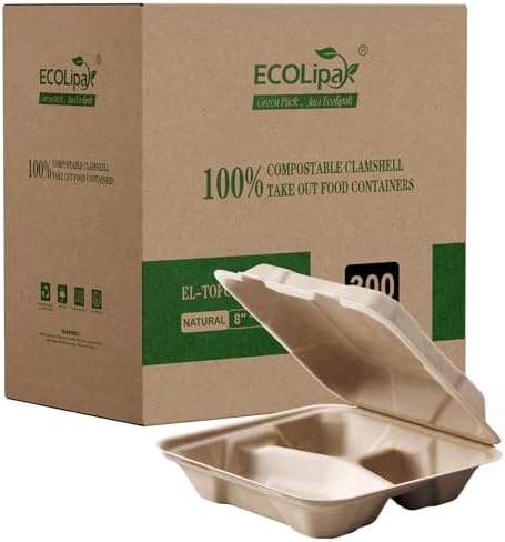 ECOLipak 300 Pack Clamshell To Go Containers, 100% Compostable Disposable Take Out Food Containers, 8X8 inch 3-Compartment Heavy-Duty To Go Boxes