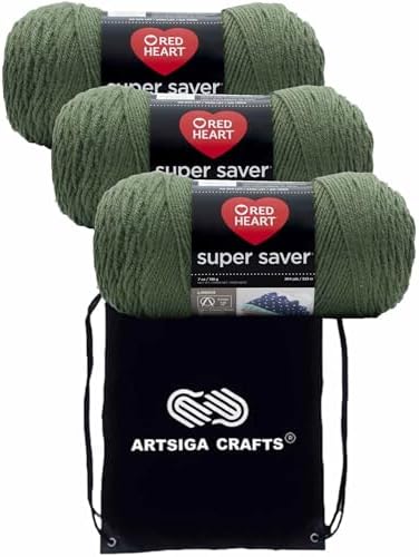 Red Heart Super Saver Medium Thyme E300-406 (3-Skeins - Same Dye Lot) Worsted Medium #4 Acrylic Yarn for Crocheting and Knitting with Project Bag