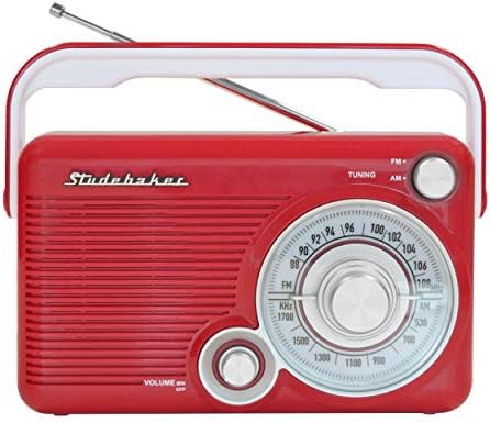 Studebaker SB2002RB Portable AM/FM Radio with Headphone Jack and Aux-in Jack with AC/DC Power (Red/White)