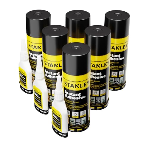 STANLEY CA Glue with Activator Bundle, Cyanoacrylate Super Glue (6x1.75oz) and Activator Spray (6x6.75oz), CA Glue for Mitre Joints, Cracks, Inlays and General Repairs - 6 Pack