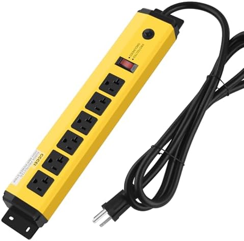 CCCEI Magnetic Heavy Duty Power Strip Surge Protector 20Amp, 12 Gauge High Amp Extension Outlets, Garage Wall Mount 6 Plug Metal Power Strip. 6FT, Yellow, 5-15P Adapter 6-20R T-Slot 20a for Appliance