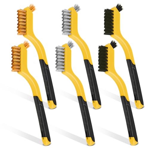 Wire Brush Set, 6 Pcs Brass/Stainless Steel/Nylon Wire Brushes for Cleaning with Curved Handle Grip for Rust Removal, Dirt, Paint Scrubbing(Yellow)