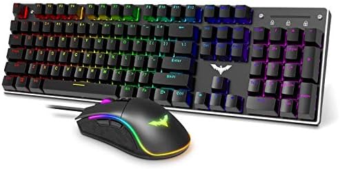 havit Havit Mechanical Gaming Keyboard and Mouse Combo Blue Switch 104 Keys Rainbow Backlit Keyboards, 4800 Dots Per Inch 7 Button Mouse Wired for PC Gamer Computer Laptop (Black) (Renewed)