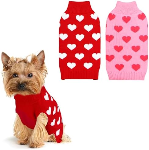 2 Pack Dog Valentine Sweater, Dog Valentines Day Clothes Dog Valentines Outfit Knitted Dog Heart Sweater for Small Medium Large Dogs Pets (Red & Pink, Small)
