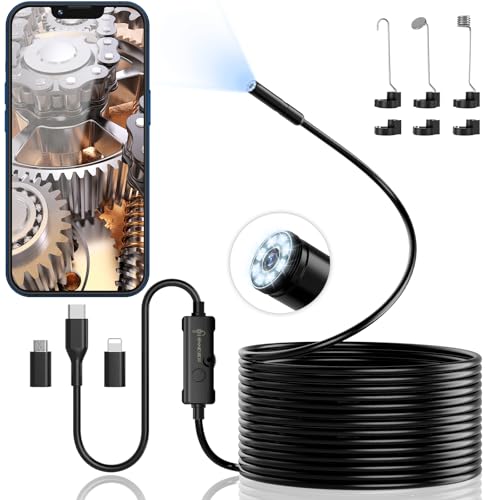 Endoscope Camera with Light, 1920P HD Borescope Camera with 8 Adjustable LED Lights, 16.4ft Semi-Rigid Snake Camera with Light, IP67 Waterproof 7.9mm Inspection Camera for iOS and Android
