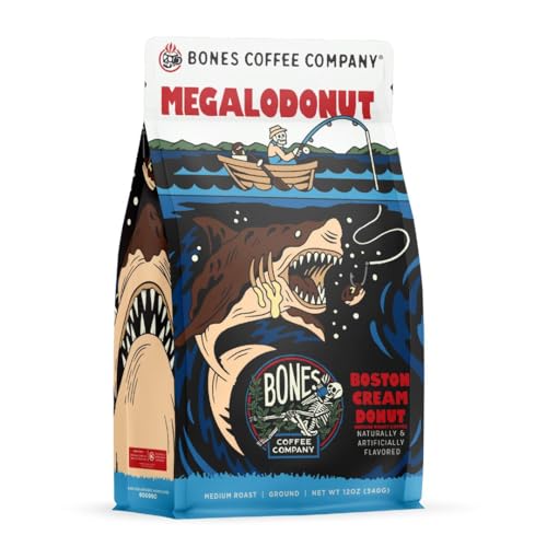 Bones Coffee Company Megalodonut Flavored Coffee Beans, Medium Roast Ground Coffee Low Acid, Boston Cream Donut Flavor (12 oz)
