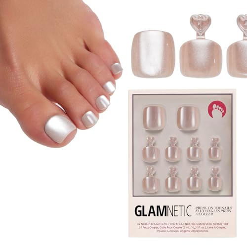 Glamnetic Press On Toenails - Pure Intentions | Subtle Iridescent Nude Sparkle Fake Toe Nails in a Glossy Finish | 16 Sizes - 32 Toe Nail Kit with Glue