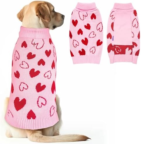cyeollo Dog Valentines Sweater Heart Pattern Pullover Turtleneck with Leash Hole Holiday Theme Outfit Pet Apparel Sweaters for Small to Medium Dogs Pink