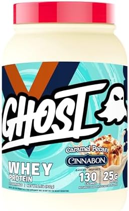 GHOST Whey Protein Powder, Cinnabon Caramel Pecan - 2LB Tub, 25G of Protein - Cinnamon Roll Flavored Isolate, Concentrate & Hydrolyzed Whey Protein Blend - Post Workout Shakes - Soy & Gluten Free