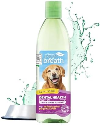 TropiClean Fresh Breath Plus Glucosamine for Hip & Joint Water Additive for Dogs| Breath Freshener and Teeth Cleaning Solution | 16oz