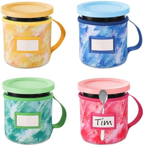 4pcs Dye Prints Ice Cream Neoprene Sleeves, with Handle Spoon Holder and Name Plate Slot Reusable Washable Insulated Sleeve for Ninja Creami Pints Container Accessories (24oz, 4 Styles)