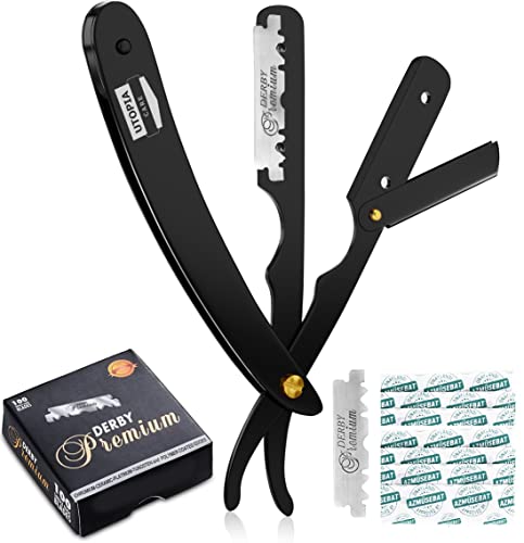 Utopia Care Professional Straight Razor for Men, Valentines Day Gifts for Him and Her Barber Straight Edge Razor Safety with 100-Pack Derby Blades - 100 Percent Stainless Steel - Black