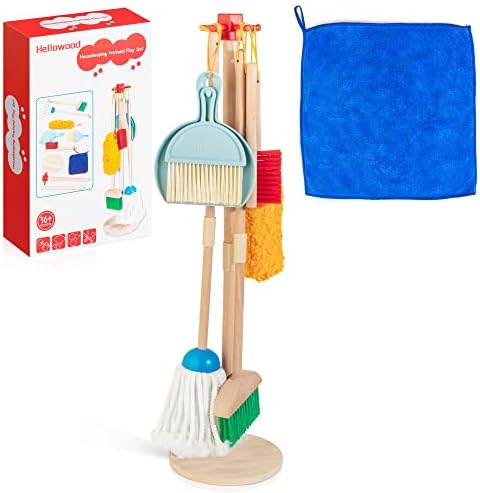 Kids Cleaning Set, 8pcs Housekeeping Play Set Includes Broom Mop Duster Dustpan Brushes Rag and Organizing Stand, Cleaning Toys Gift for Toddlers Girls Boys Age 3-6, Solid Beech Wood