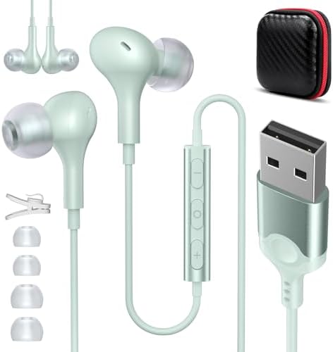 ASKUBSKU USB Headset with Microphone for PC 7.5 Ft Cable, USB A Headphones for Computer, Wired USBA Earbuds with Mute Stereo Noise Canceling Call Cord Earphones for Laptop for Surface Switch, Green