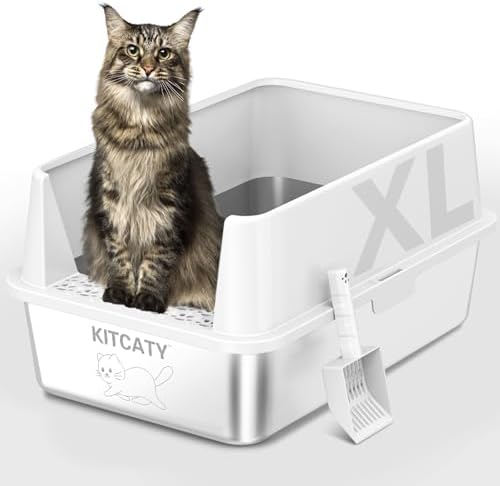 Stainless Steel Litter Box, Metal Litter Box with Lid High Sides, XL Extra Large Litter Box for Big Cats, Never Absorbs Odors, Leak-Proof, Stain-Free, Rust-Free, Easy to Clean, Scoop Included（White