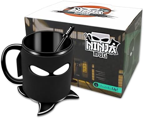 Ceramic Cool Coffee Mug For Your Boyfrind with Lid and Handle,Brushes,Spoon,12 oz Coffee Cups,Mens Coffee Mug, Tea Mug, Microwave Safe(Ninja Mug),Black
