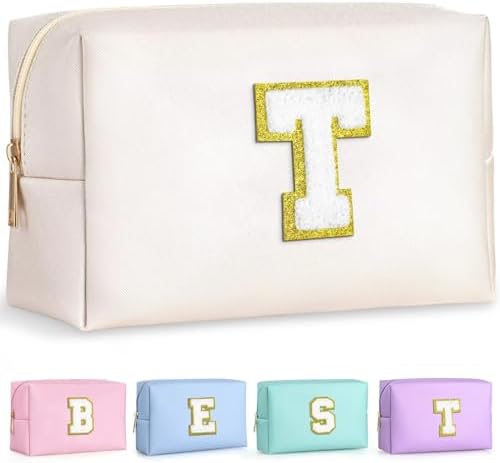 TOPEAST Preppy Stuff for Girls, Initial Makeup Bag Chenille Letter Pouch Cosmetic Bag with Zipper, PU Leather Waterproof Toiletry Bag, Cute Stuff Birthday Gift for Friends Sister (White T)