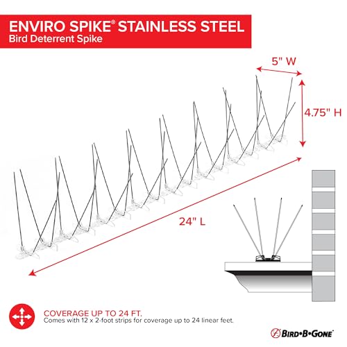 Bird B Gone - Pre-Assembled EnviroSpike Stainless Steel Anti Bird Spikes (24') - UV-Stabilized Polycarbonate Base - Humane Deterrent - Stops Pigeons & Birds from Roosting On Rooftops, Ledges, Fences