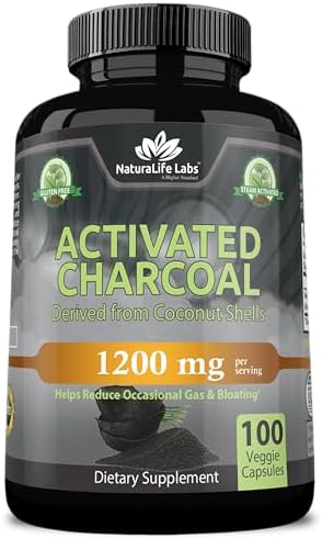 Activated Charcoal Capsules - 1,200 mg Highly Absorbent Helps Alleviate Gas & Bloating Promotes Natural detoxification Derived from Coconut Shells - per Serving - 100 Vegan Capsules