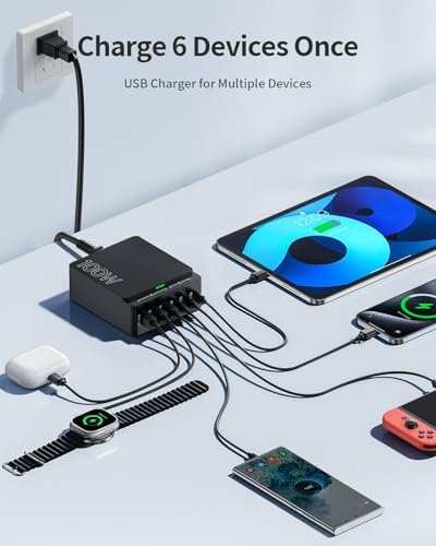 USB C Charger Block Charging Station: 100W 6 Port GaN Fast Charging Brick Hub Cube Box - PD 3.0 Type C & USB A Wall Charger Power Adapter for All iPhone iPad Samsung Android Pixel Series