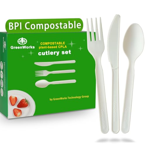 GreenWorks 150 Count 7" Heavy-duty Compostable Utensils,50 Forks 50 Spoons 50 Knives Cutlery Set,BPI Certified Large Disposable Flatware Set