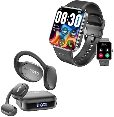 TOZO S4 AcuFit One Smartwatch 1.78-inch Bluetooth Talk Dial Fitness Tracker Black + OpenEgo Open Ear Wireless Headphones Bluetooth Sport Earbuds Black