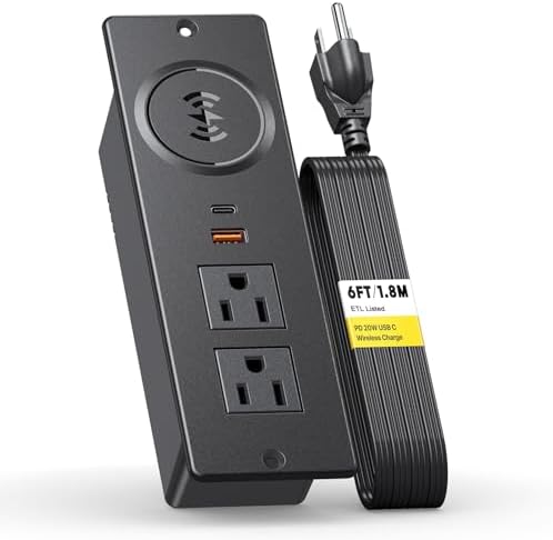 Kungfuking Recessed Power Strip with 20W USB C, ETL Listed Flush Mount Desk Outlet 10W Wireless Charging Station with 2 Outlets & 2 USB Ports, Furniture Outlet for Nightstand/End Table/Side Table