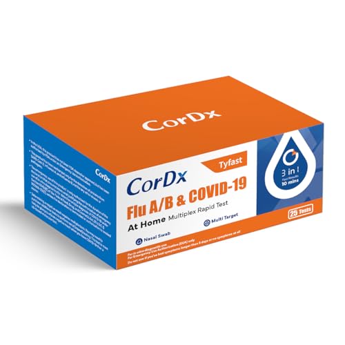 CorDx Tyfast at Home Flu A/B and COVID-19 Multiplex Rapid Test, Easy Nasal Swab, Fast Results in 10 Minutes, 25 Tests