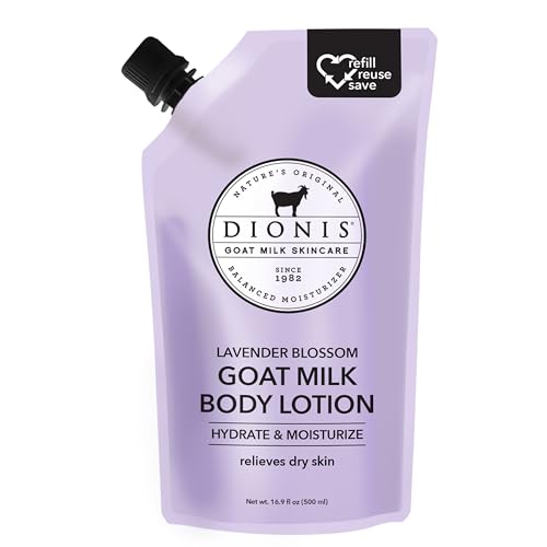 Dionis Goat Milk Skincare Body Lotion 16.9oz Refill Pouch, Cruelty Free Clean Ingredients & Dermatologist Tested Lotion for Dry Skin, Hydrating & Deeply Moisturizing Rich in Vitamins, Lavender Blossom