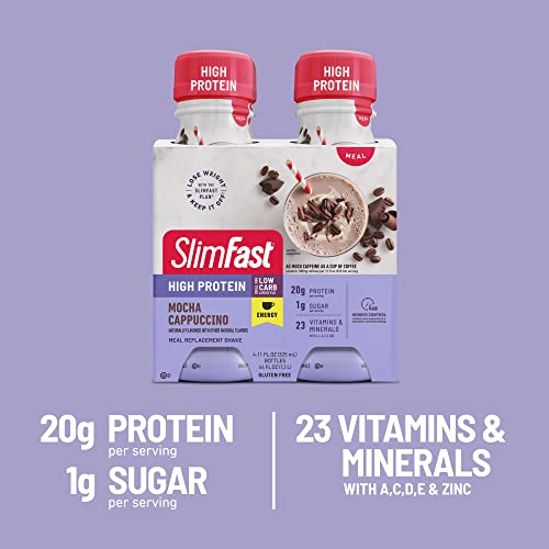 SlimFast Advanced Energy High Protein Meal Replacement Shake, Mocha Cappuccino, 20g of Ready to Drink Protein with Caffeine, 4 Count (Pack of 3)