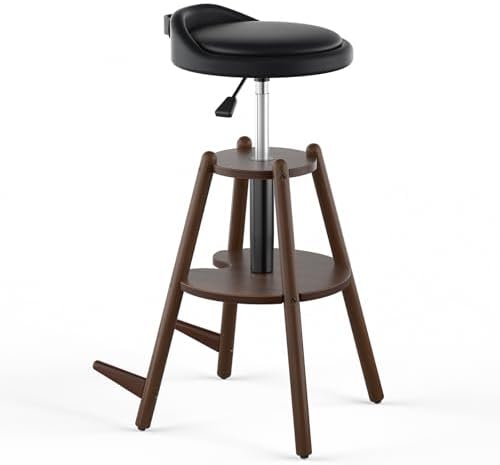 Ackitry Wooden Guitar Stool with Height Adjustable, Guitar Chair Seat with Guitar Strap, Padded Cushion, Footrest for Guitar Player Musician Adults, Guitar Stand Holds Acoustic Electric Guitars Bass