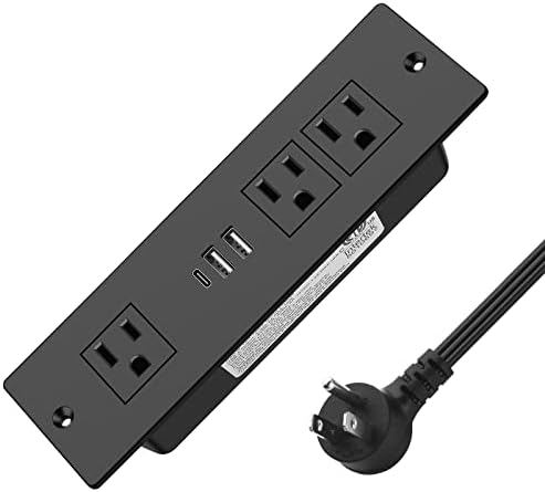 Recessed Power Strip, Furniture Drawer Outlet with 20W PD USB-C & 18W QC3.0 USB-A, Plug in 3 Outlets & USB Ports, Flush Mount 3FT Flat Extension Cord Conference Desk Outlets Black