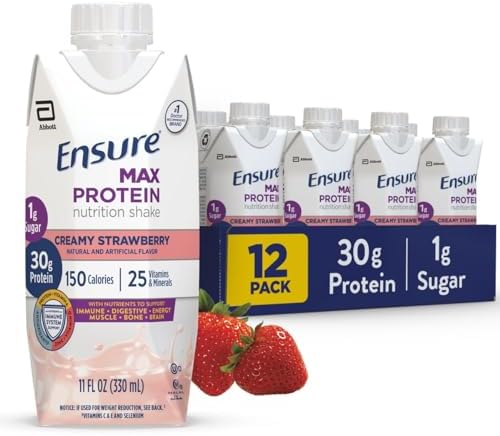 Ensure Max Protein Creamy Strawberry Nutrition Shake | 30g Protein, 1g Sugar, 4g Fiber Blend | 12 Pack