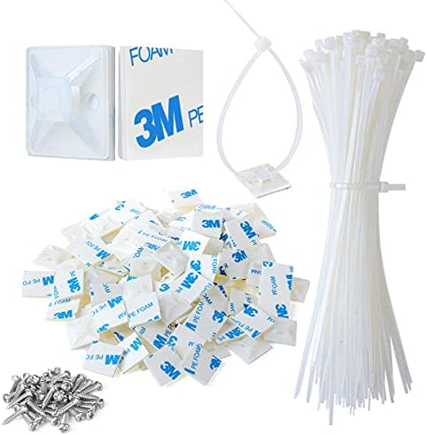 200pcs 3/4" 3M Back-Glue Self Adhesive White Strong Cable Zip Tie Mounts with 8" Ties, Screws, Outdoor Sticky Wire Fasteners Cable Clips Management Anchors Organizer Holders Squares