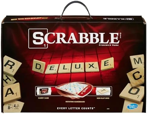 Hasbro Gaming Scrabble Deluxe Edition Letter Tiles Word Game | Rotating Board and Carrying Case | Ages 8+ | 2-4 Players | Classic Family Travel Games (Amazon Exclusive)