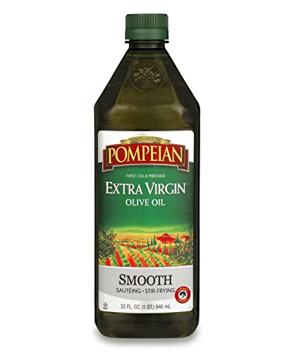 Pompeian Smooth Extra Virgin Olive Oil, Contains Polyphenols, First Cold Pressed, Mild and Delicate Flavor, Perfect for Sauteing & Stir-Frying, Naturally Gluten Free, Non-GMO, 32 Fl Oz, Single Bottle