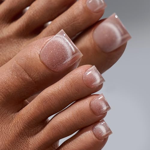 BTArtbox Press On Toenails - Lamp-Curable Real Square Cat Eye Toe Nail Press Ons with Glue for Women, Semi-Transparent Fake Toe Nail Tips in 15 Sizes - 30 Toenails Kit, Hazel Gleam