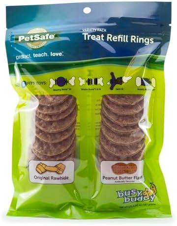 PetSafe Rawhide Busy Buddy Dog Treat Ring Refills (24 Treat Refills) Peanut Butter Dog Treats Rawhide Material, Original Flavor, Resealable Bag Feature, Size B Rings